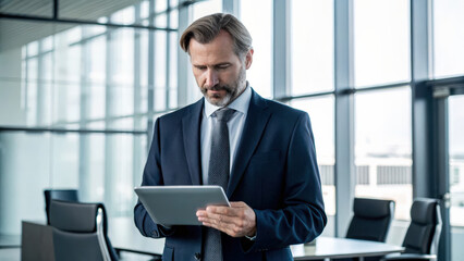 Business & Corporate concept, corporate leader analyzing data on tablet in modern office