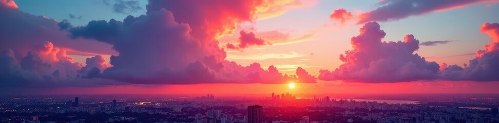 Fototapeta premium Colorful cloud formations over vibrant cityscape at sunset, sunset, atmosphere
