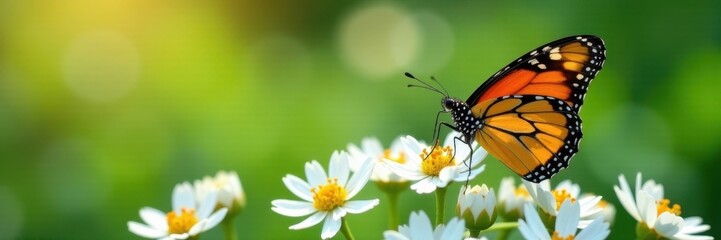 Fototapeta premium Colorful Orange Tortoiseshell butterfly lands on white flowers, flowers, colorful