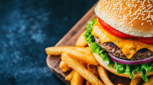 towering triple cheeseburger with melted cheddar over thick beef patties, fresh lettuce, tomato, onion, sesame seed bun, crispy fries on rustic wooden board, dark slate background - Powered by Adobe