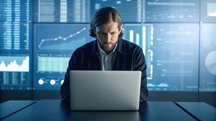 Business & Corporate concept, Optimizing corporate goals with AI, focused man analyzes data on laptop