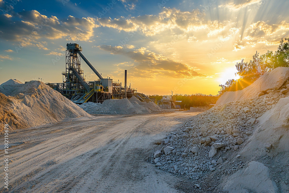 Poster limestone extraction process for cement production at sunset. generative ai