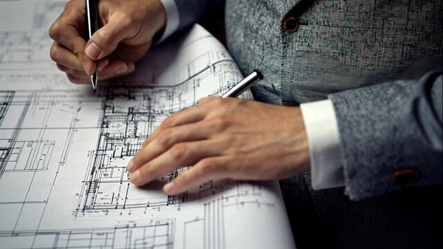 Close Up of Hands Reviewing Architectural Blueprint