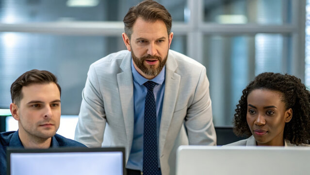 Business & Corporate concept, Team leader guiding colleagues through AI powered project discussions