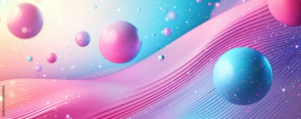Poster abstract pastel scene with floating spheres and flowing fluid lines