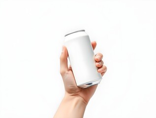Hand holds blank white aluminum. Empty beverage container. Isolated on white background. Image shows product mockup for branding design concept. Modern product design with clean lines