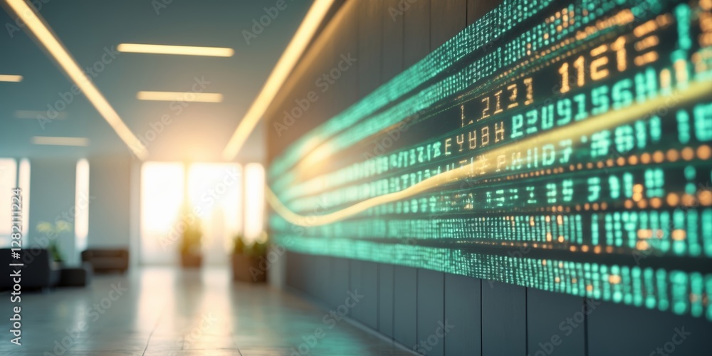 Poster digital data flow illuminates a modern office hallway during sunset with soft light and abstract pat