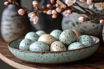 Fototapeta premium A modern still life with Easter eggs and minimalist dishes on a wooden surface.
