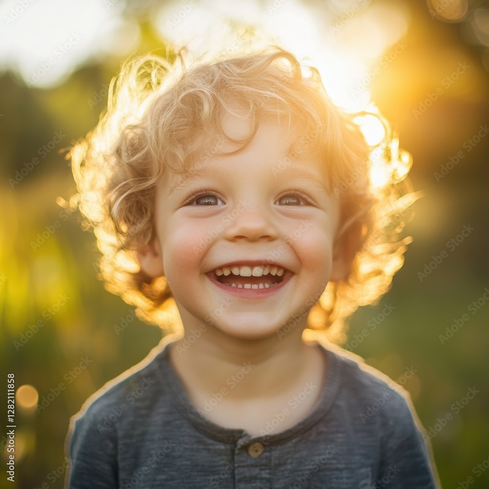 Poster joyful child enjoying a sunny day in a green field with golden light illuminating his cheerful smile