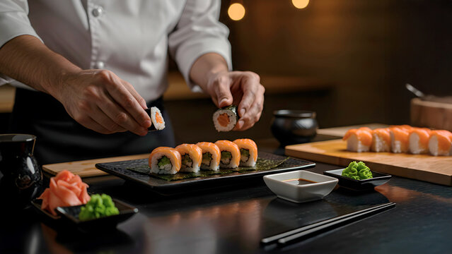 Professional Sushi Chef Preparing Traditional Japanese Cuisine, food, sushi, sashimi culinary