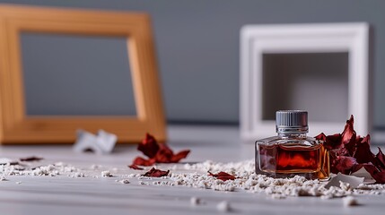 Elegant glass bottle with amber liquid surrounded by decorative petals and empty frames