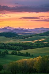 Obraz premium Enveloping Serenity: A Panorama of Landscapes Awash with Sunset's Radiance and Nature's Harmony