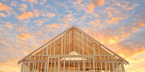 New home construction with roof joists at sunset sky. Generative AI