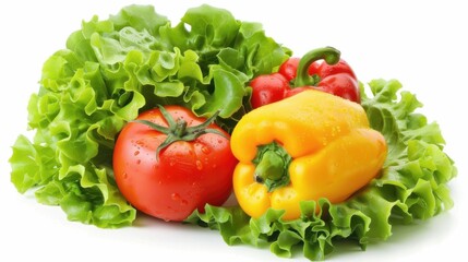 A cheerful arrangement of tomatoes, peppers, and lettuce sits gracefully on a soft, neutral backdrop.