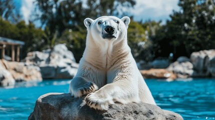 Polar bear rests on rock, zoo habitat, sunny day