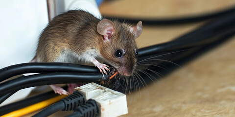 Close-up view of a rat chewing on electrical wires. Generative AI