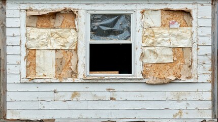 Abandoned house with boarded windows for urban decay projects and social commentary