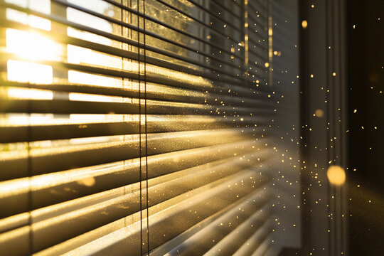 Sunlight illuminating dust particles near window blinds. Generative AI