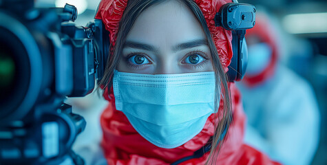 Young woman in protective gear operating a camera in a professional setting during a health-related project