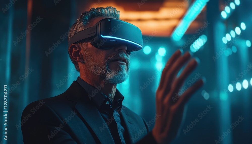 Poster virtual reality experience in a modern tech space with immersive visuals and user interaction by a m