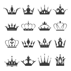 Collection of black crown silhouettes in various elegant designs. Luxury symbol set of crown heraldic
