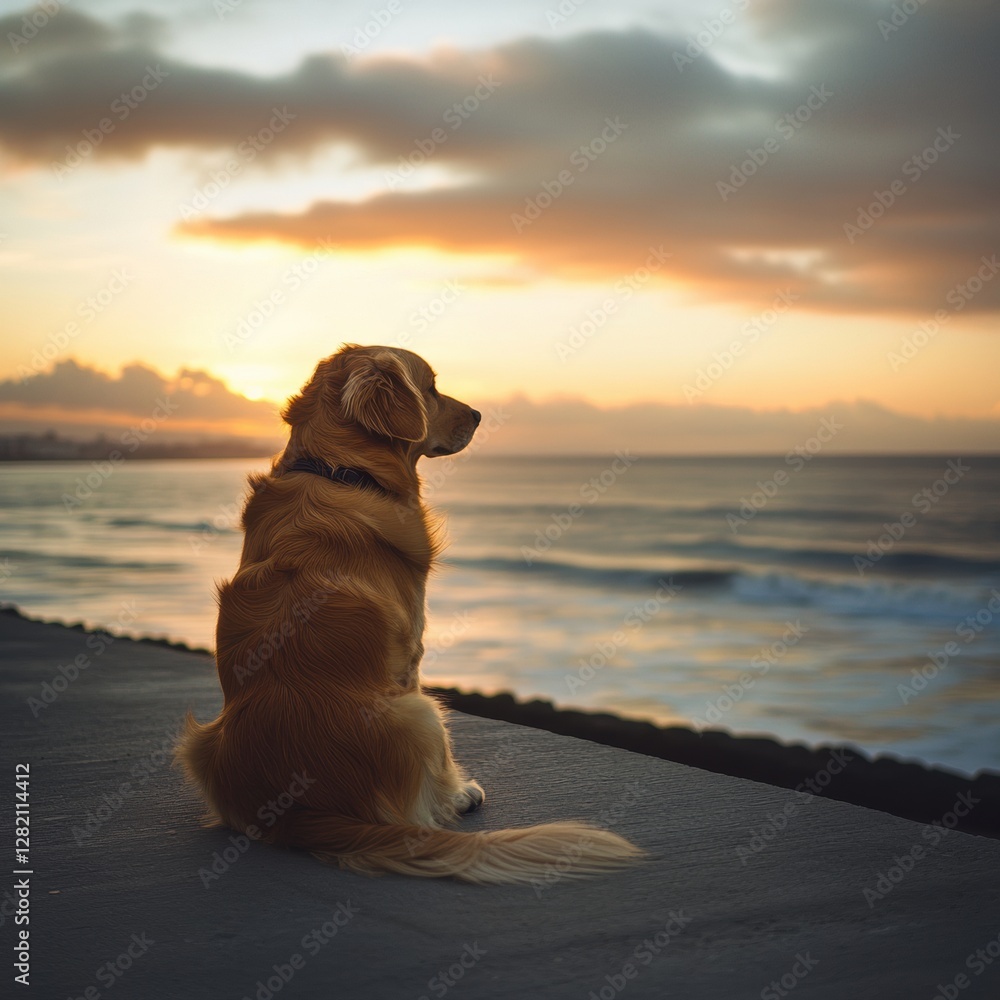 Poster golden retriever enjoys sunset by the ocean with calm waves and warm colors filling the sky. generat