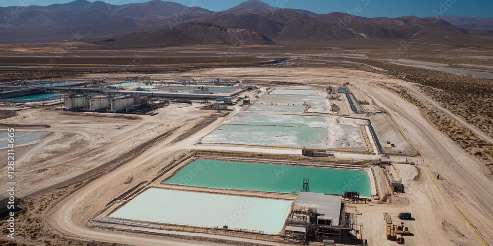 Poster traditional lithium extraction process in arid landscape. generative ai