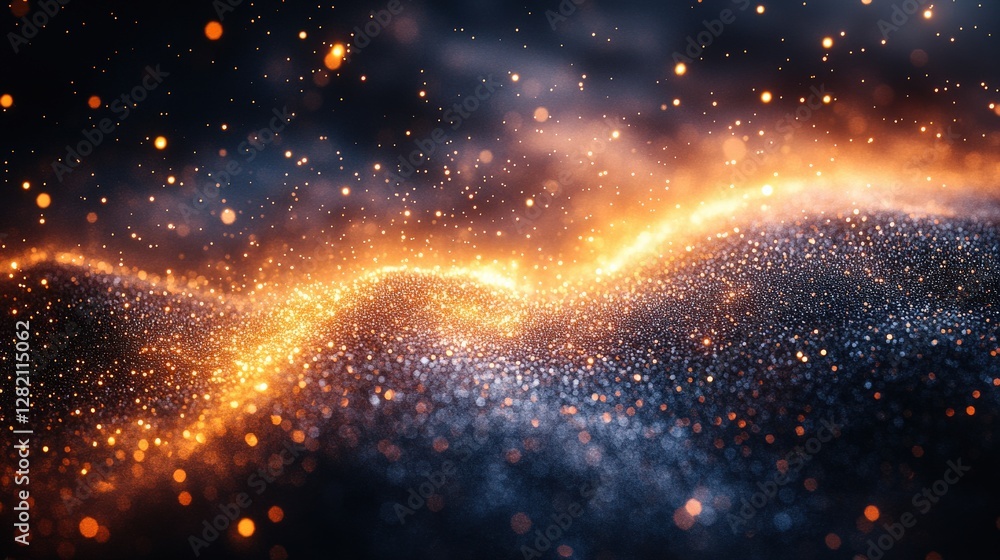 Poster abstract representation of glowing particles flowing in waves against a dark background