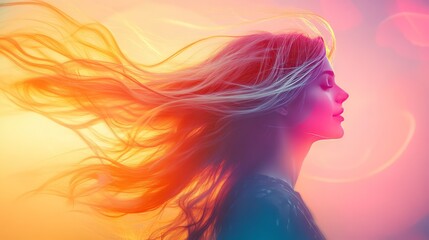Digital painting of woman with flowing hair in the wind, vibrant and dynamic, soft gradients, bright and ethereal, detailed and artistic, elegant and surreal