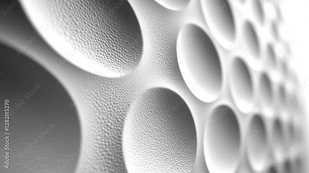 Poster close-up of textured white surface with circular indentations, showcasing modern design elements
