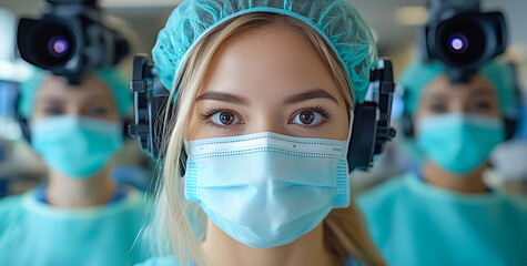 Medical team in surgical scrubs preparing for procedure in operating room: pre-surgery preparation, sterile environment, realistic photography, healthcare professionalism