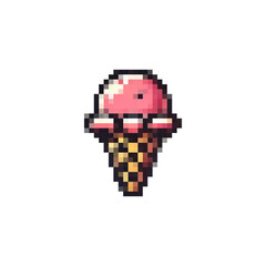 Vector pixel ice cream icon. Ice cream logo in a waffle cone. Dessert ice cream vector. Retro pixel style for games, videos, websites ice cream. 8bit style.