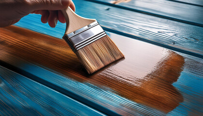 apply clear wood stain on wooden table with brush