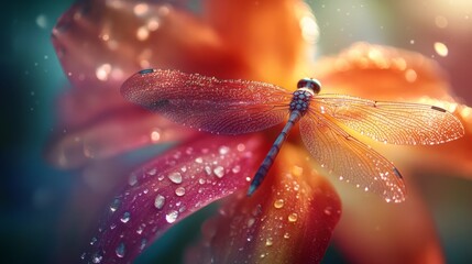 Naklejka premium dragonfly on a dew-kissed flower petal, vibrant and natural composition, textured and radiant design, sharp and glowing tones