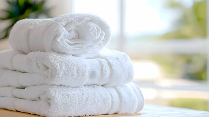 Fresh white towels stacked on table, bright room, spa-like background, hygiene