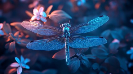dragonfly with glowing blue wings in a lush garden, detailed and vibrant composition, natural and textured design, radiant and sharp tones