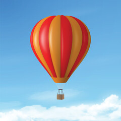 Naklejka premium Vector Travel Banner with 3d Realistic Hot Air Balloon Icon on a Blue Sky Background. Design Template, Summer Vacation, Travelling, Tourism and Journey Concept