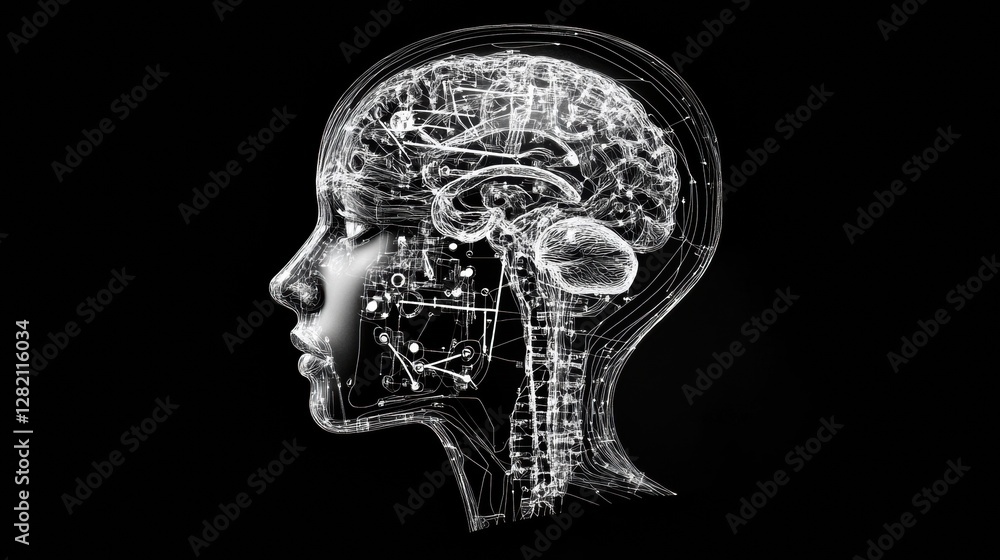 Poster Outline of a human head featuring schematic images of various mechanisms representing artificial intelligence. Generative AI
