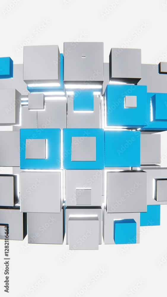 Poster abstract 3d vertical cubes blocks mosaic tile modern shape light white blue reflective chrome neon f