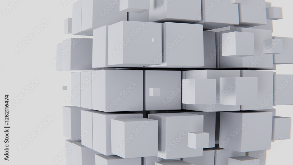 Poster abstract 3d horizontal cubes blocks mosaic tile futuristic modern shape light white motion render gr