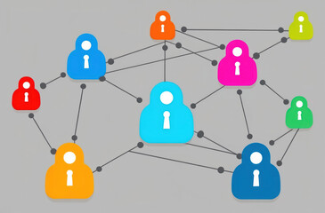 Bright figures connected by lines depict social media networks and interactions between users and communities.