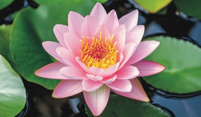 A Pink Water Lily Blooms Serenely in a Pond