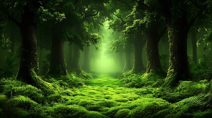 Obraz premium A tranquil forest with sunlight filtering through dense trees, casting dappled patterns on the mossy ground