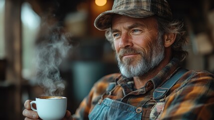 Relaxed farmer enjoying fresh coffee in a cozy setting with warm lighting