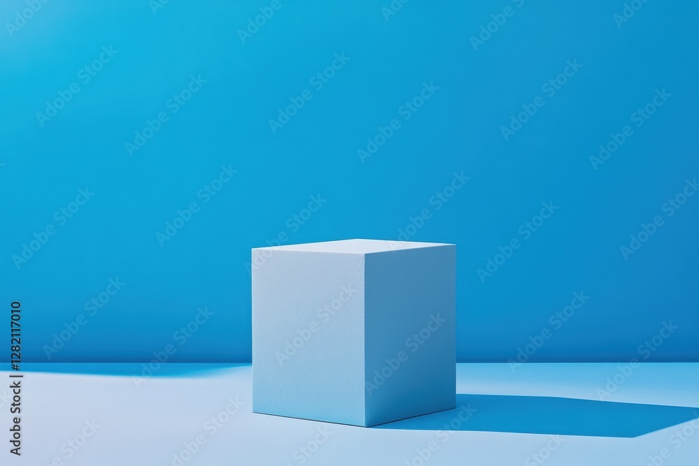 Fototapete Modern showcase of a minimalist blue cube on a vibrant blue background accentuating geometric shapes and shadows in a simple, clean design setting