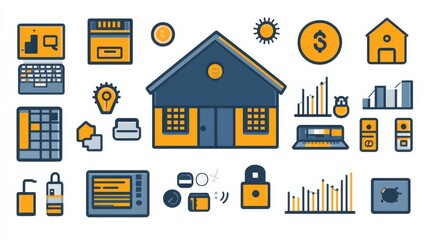 Illustrative graphic of a house surrounded by various business and technology icons, depicting modern life