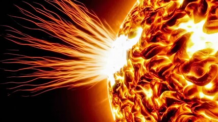Vibrant solar flare erupting with intense plasma dynamics, revealing turbulent solar surface glowing brightly in dramatic slow motion sequence representing stellar energy activity