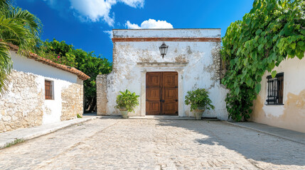 Historic Courtyard with Wooden Door and Lush Greenery in Mexico