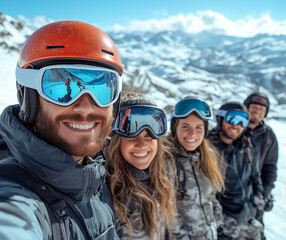 Group of friends enjoying a sunny day of skiing in the mountains with snow-covered peaks in the background