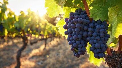Naklejka premium Ripe deep purple grapes on the vine with sunlight filtering through green leaves
